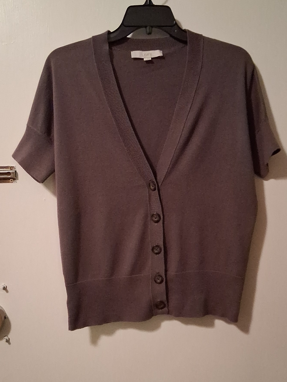 LOFT Short Sleeve V-Neck Button Cardigan in Charcoal Gray